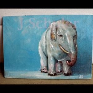 Ceramic Elephant, Original Oil Painting, 5 x 7, Still Life, Small, Animal, Toy, Blue, Gray, Figurine image 2