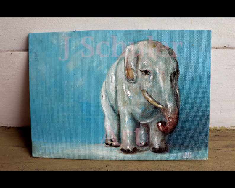 Ceramic Elephant, Original Oil Painting, 5 x 7, Still Life, Small, Animal, Toy, Blue, Gray, Figurine image 2