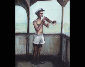 Song at Sea, Original Painting, Nautical Art, Music, Navy, Ocean, Sailor, Bugle, Horn, Musician, Ship, Man in Underpants, Boxer Shorts