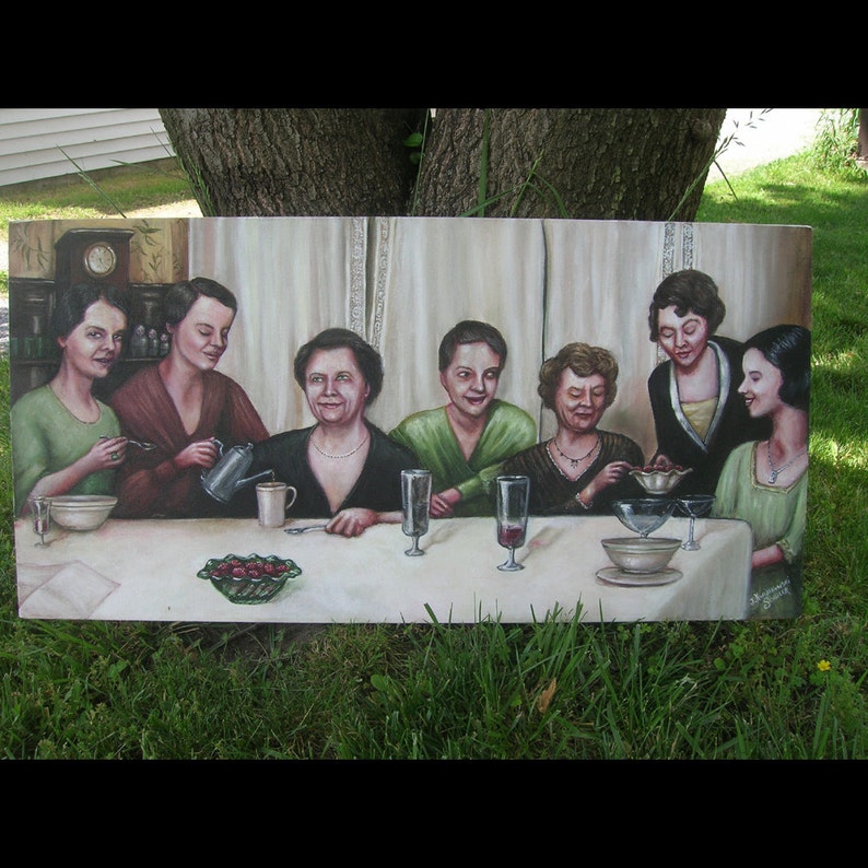 Ladies At Supper, Original Painting, 1930's, Women, Friendship, Dinner Party, Portrait of Women, Group Portrait, Nostalgia, Lace Curtains image 2