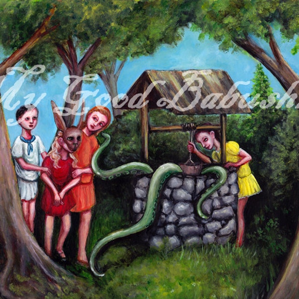 All In the Well Print, Fairy Tale Art, Folk Tale Art, Storybook Art, Cthulu, Rabbit Mask, Campy, Horror Art, Human Sacrifice, Dark Forest