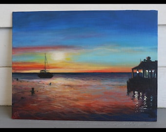 Sunset Pier, 9" x 12" Original painting, Caribbean, Ocean, Pier, Boat, Vacation, Blue, Yellow, Orange, Seascape, Aruba, Tropical, Island