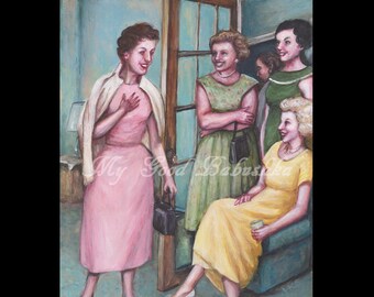 The Visit, Original Painting, Women, 1950s, 1960s, Pastel Dresses, Spring Colors, Domestic Scene, Group Portrait, Gathering, Retro