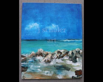 Malmok Beach, Aruba, Impressionist Style Painting, Ocean, Caribbean, Blue, Turquoise, Summer, Seashore, Waves, Clouds, Water, 8" x 10"