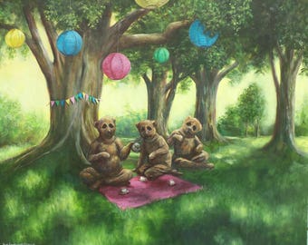 The Teddy Bear Picnic, Large Original Painting, Surrealism,Summer, Woods, Forest, Party, Bears, Costumes, Masks, Tea Party, Odd, Strange