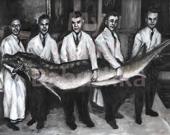 The Sturgeon, Original Painting, Fish, Big Fish, Fishmonger, Fish Market, Black and White, Food, White Coats, Pescetarian, Portrait