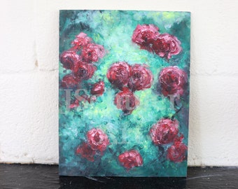 Impressionist Roses Original Oil Painting, Cold Wax, Impasto, Knife Painting, Flowers, Red, Green, 11" x 14", Floral, Decorative Art