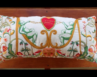 Trapunto Heart Ikon and Green Imps Pillow, Floral Hand Embroidered Artwork in Red, Yellow, Green and Orange, One of a Kind, Accent Pillow