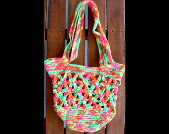 Bright Neon Multi-Color Tote Bag, Hand-Crocheted, Machine Wash and Dry, Market Bag, Shoulder Bag, Beach Bag