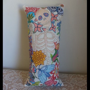 Skeleton Embroidery, Memento Mori, Day of the Dead, Jacobean Embroidered Pillow, Hand Embroidered Art. Macabre Art, Flowers and Insects image 3