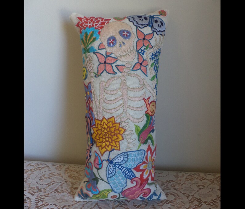 Skeleton Embroidery, Memento Mori, Day of the Dead, Jacobean Embroidered Pillow, Hand Embroidered Art. Macabre Art, Flowers and Insects image 3
