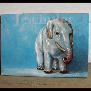 Ceramic Elephant, Original Oil Painting, 5 x 7, Still Life, Small, Animal, Toy, Blue, Gray, Figurine image 1