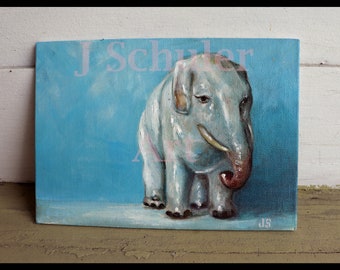 Ceramic Elephant, Original Oil Painting, 5" x 7", Still Life, Small, Animal, Toy, Blue, Gray, Figurine