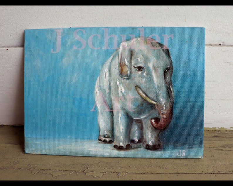 Ceramic Elephant, Original Oil Painting, 5 x 7, Still Life, Small, Animal, Toy, Blue, Gray, Figurine image 1