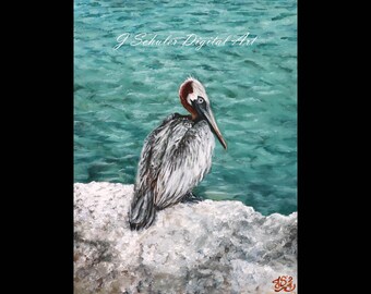 Pelican, Instant Print Art, Digital Download, Bird, Beach, Ocean, Animal, Sea, Seascape, Caribbean, Tropical, Nautical