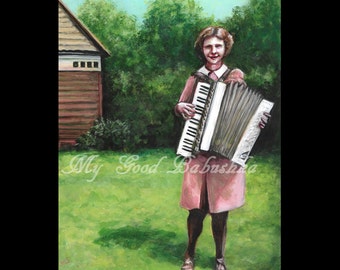 Woman with an Accordion, Original Painting, Music, Musician, Lady, Pink Dress, Summer, Sunny Day, Portrait, Backyard, Green Grass