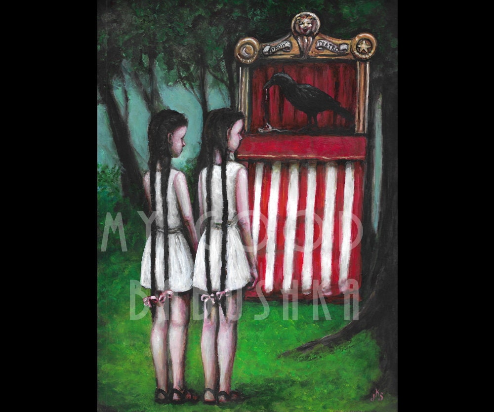Theater of Crows, Print, Fairy Tale, Forest, Surreal, Blackbirds, Twins, Braided Hair, Puppet Theater, Carrion, Macabre, Dark Art, Weird