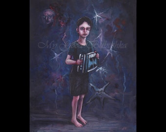 Blue John, Boy with Accordion, Toy Accordion, Night Music, Surreal, Child Portrait, Red Moon, Stars, Boy in Blue, Purple, Blue, Red,