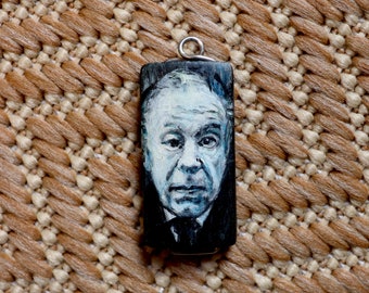 Hand Painted Miniature Portrait of Jorge Luis Borges on Bamboo Tile, Pendant, Necklace, Writer, Magical Realism, Literature, Argentina