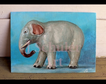 Ceramic Elephant, Original Oil Painting, 5" x 7", Still Life, Small, Animal, Toy, Blue, Gray, Figurine