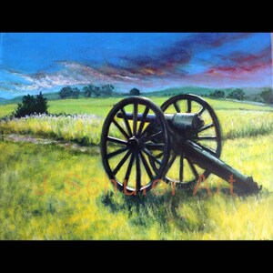 Gettysburg Military Park. 11" x 14" acrylic on canvas board. Pennsylvania, Military History, Civil War, Battlefield, Landscape, Cannon