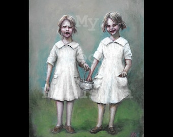 Give Or Take, Original Painting, Children, Girls, Bucket, Pail, White Dresses, Surrealism, Full Pockets, Duo, Sisters, Strange