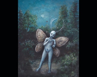 He Cannot Get the Moon He Cries For, Moth, Night Sky, Full Moon, Forest, Fairy Tale, Anthropomorphic, Insects, Blue, Cherub, Bugs, Original