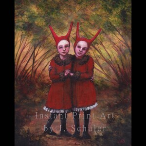 May include: An artistic print featuring two figures in red dresses and horned hats, embracing in a forest setting. The artwork has a vintage feel, with the text "Instant Print Art by J. Schuler" at the bottom. The color palette is dominated by reds, greens, and browns.