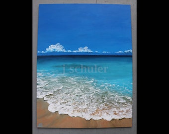 Beach Day, 9" x 12" Original Painting, Acrylic on Hardboard Panel, Ocean, Beach, Seashore, Aruba, Tropical, Caribbean, Vacation, Summer