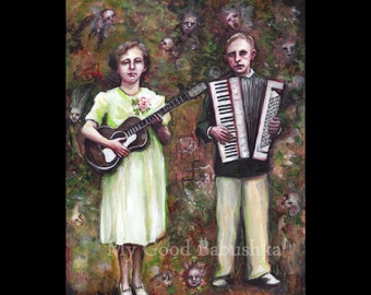 Frank and Lydia Have Ideas for Songs All Around Them, Original Painting, Music, Musicians, Guitar, Accordion, Surrealism, Fantasy, Duet