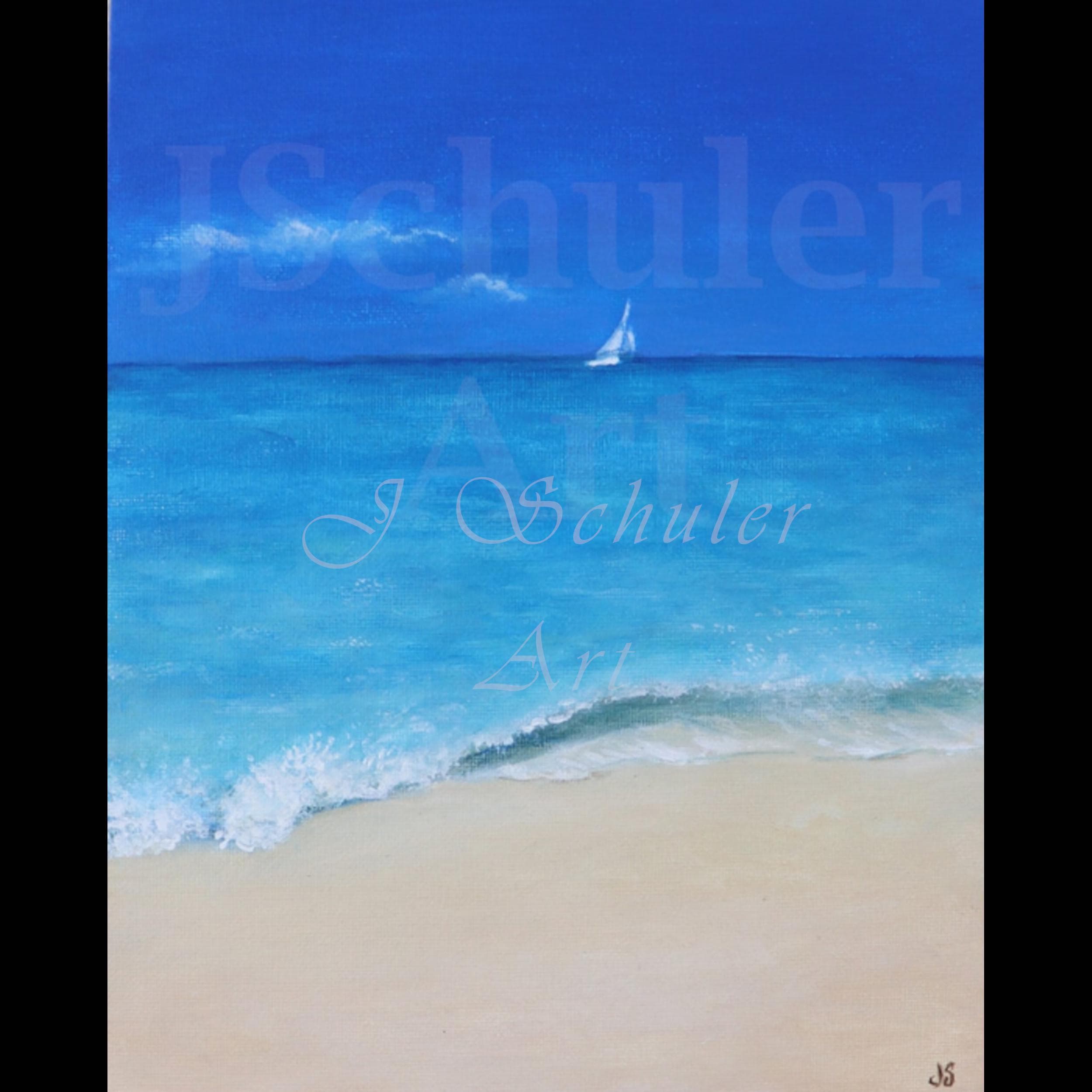 Original Beach Painting: Turquoise Water, Boat on Horizon, 8x10