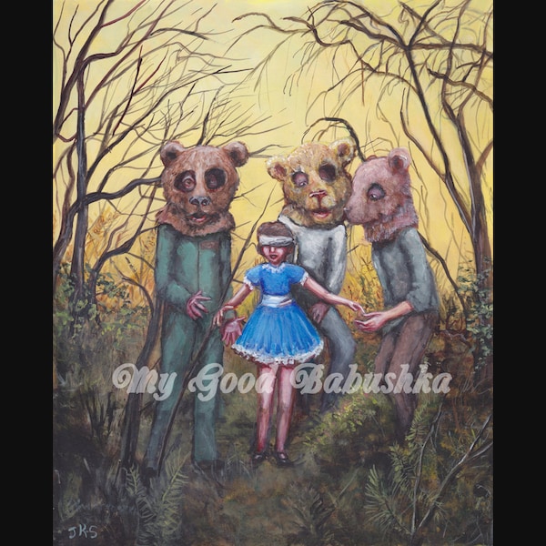 Study for Teddy Bears' Picnic Print, Fairy Tale, Dark Art, Bear Costumes, Wearing a Blindfold, Blue Dress, Horror Art, Three Bears