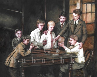 Blind Boys Investigating an Astronomical Model, Original Painting, Science, Astronomy, Natural History, Early 20th Century, History, Blind,