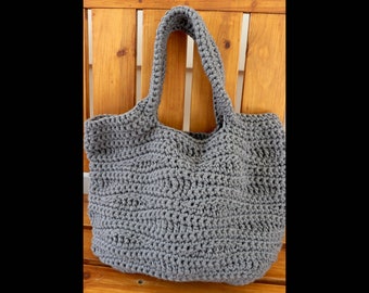 Gray Waves Large Tote Bag, Crochet, Hand-Woven, Purse, Beach Bag, Boho, Unlined, Machine Washable