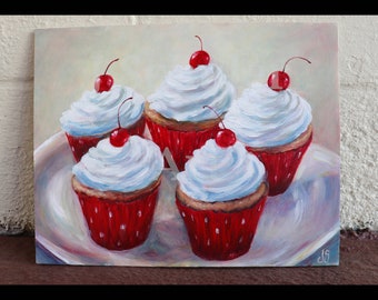 Cupcakes, Original Painting, Acrylic 11" x 14", Food, Dessert, Bakery, Cherry, Red, Frosting, Cake, Still Life, Sweet