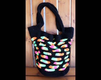 Black and Neon Crocheted Tote Bag, Purse, Handbag, Shoulder Bag, Beach Tote, Machine Wash and Dry, Acrylic