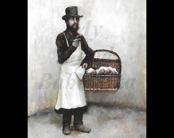 The Bread Seller, Original Painting, Vendor, Food, Street Food, Victorian Era, Basket, Baker, Man in Hat, Apron, Portrait, Work