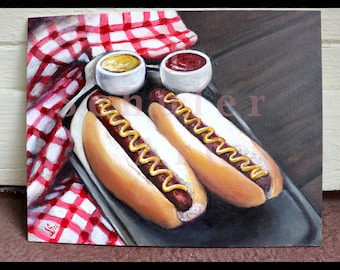 Two Hot Dogs, Original Painting, 11" x 14" Food, Cooking, Kitchen, Restaurant, Foodie, Yum, Mustard, Ketchup, Picnic, Delicious