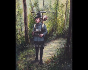 I'm Trying Very Hard to Listen to You, Original Painting, Spy, Eavesdropper, Radio Set, Forest, Fairy Tale, Folk Tale, Woods, Surreal,