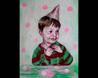 Child in a Party Hat, Original Painting 9" x 12", party, pink, green, polka dots, childhood, boy, portrait, acrylic on panel