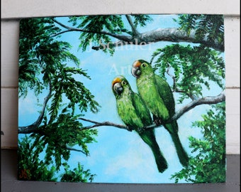 Parakeets. 8" x 10" Original Painting, Acrylic on Canvas Board, Tropical, Jungle, Prikichi,Birds, Green, Blue, Yellow, Parrot, Trees, Sky