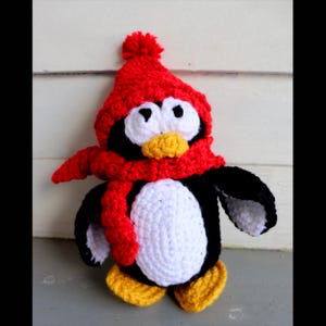 Crochet Penguin Plush: Amigurumi Stuffed Animal with Red Hat & Scarf