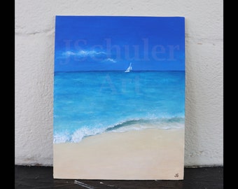 Beach Landscape, Boat on Blue Water, Tropical Shore, Original Painting, 8" x 10" Acrylic, Canvas Panel, Turquoise, Sand, Surf