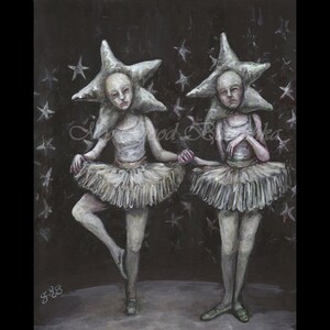 May include: Two figures in white star-shaped headwear and white tutus stand on a black background with white stars. The figures are painted in a realistic style with a pale, almost ghostly, complexion.