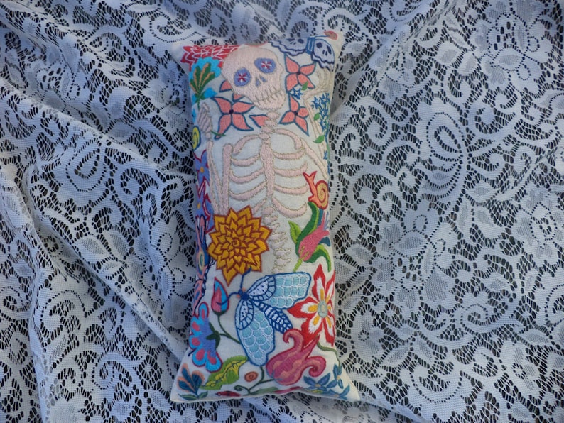Skeleton Embroidery, Memento Mori, Day of the Dead, Jacobean Embroidered Pillow, Hand Embroidered Art. Macabre Art, Flowers and Insects image 2