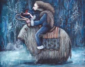 The Winter Queen, Original Painting, Long Haired Yak, Cardinal, Fairy Tale, Winter Forest, Snowy Night, Folk Tale, Surreal, Ice Queen