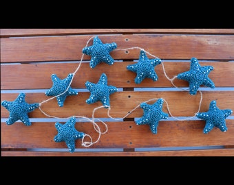 Teal Star Garland, Twine, Starfish, Sea Stars, Cotton, Crochet, Stuffed, Coastal Decor, Beach, Decoration, Holiday