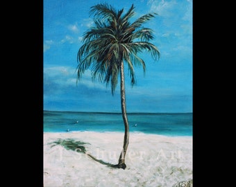 Palm Tree in Aruba, Original Landscape Painting, Beach, Caribbean, Tropical, Ocean, Summer Vibes, Vacation, 8" x 10" Blue, White, Unframed