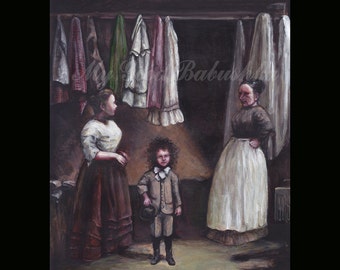 A New Suit of Clothes for the Wild Boy, Original Painting, Victorian Inspired Art, Seamstress, Tailor, Oddity, Sideshow, Circus, Wild Hair