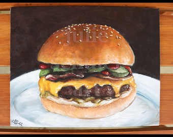 Cheeseburger. Original Painting. 8"x 10" Food, Junk Food, Cooking, Kitchen, Gourmet, Foodie, Snack, Still Life